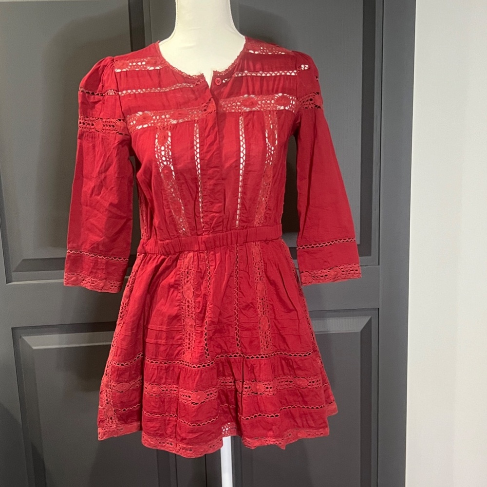 Tularosa Payton Lace Dress Burnt Cayenne 3/4 Sleeve Button Front Sz XS Revolve - Picture 12 of 14